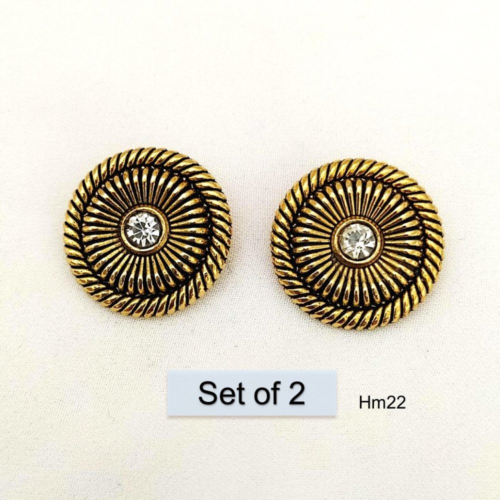 Set of 2 Brass Rope Style Metal Button Round Vintage Gold Shank Clear Stone 17mm